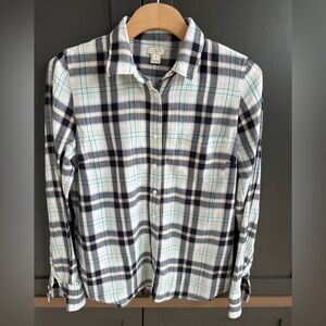 J. Crew Navy Tan & White Plaid Button Down Flannel Shirt • M